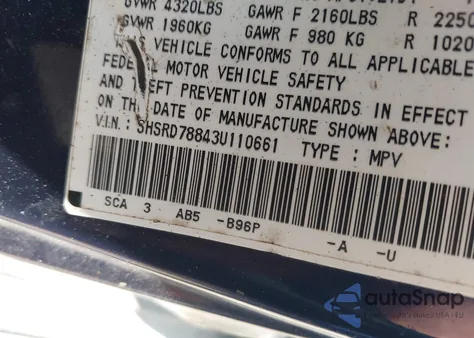 2003 Honda Cr-V Ex from USA, damaged, VIN SHSRD78843U110661